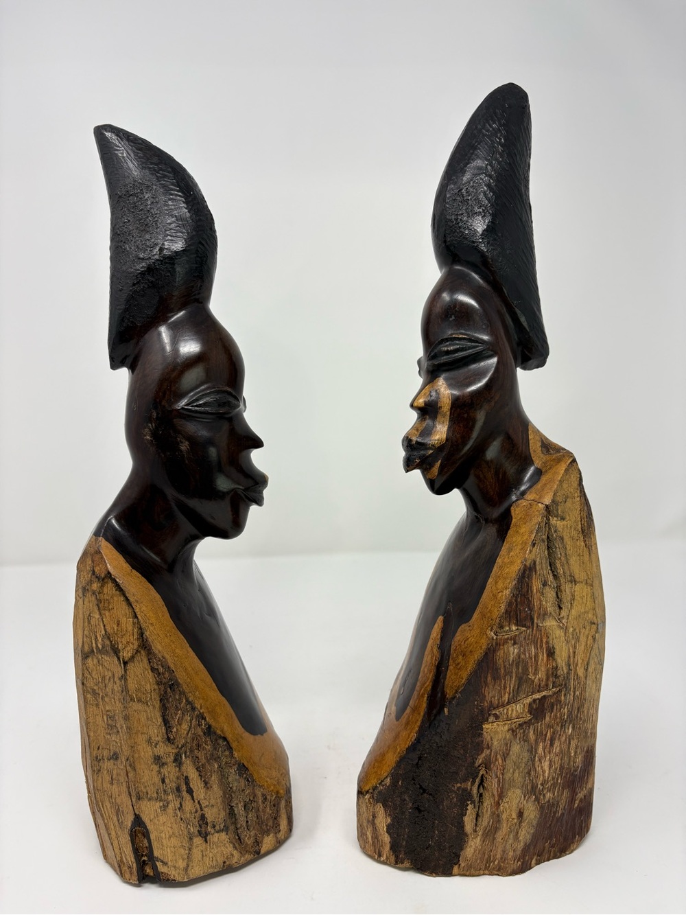 Vintage Pair Of African Ebony Wood Raw Edge Bust Sculptures 13” Tall Carved MCM